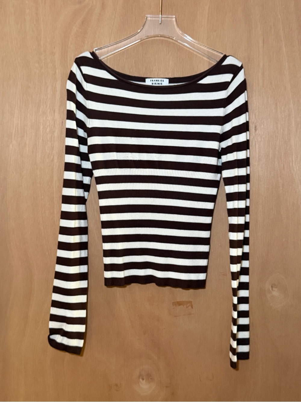 Frankie's Bikinis Brown and White Striped Ribbed Long Sleeve Top